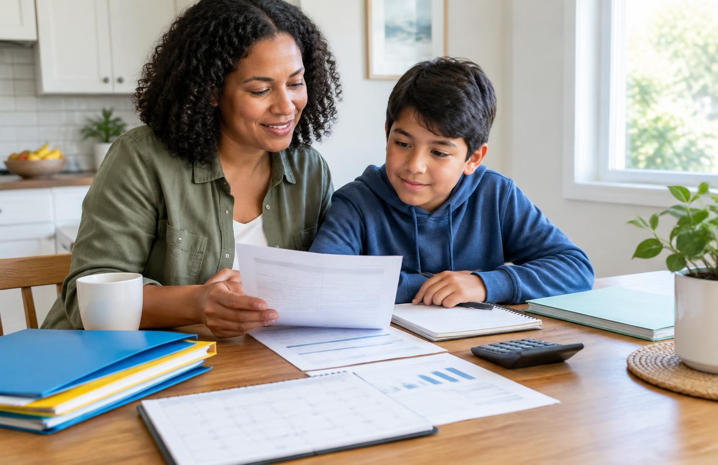 Parent and child calmly organizing documents at a table